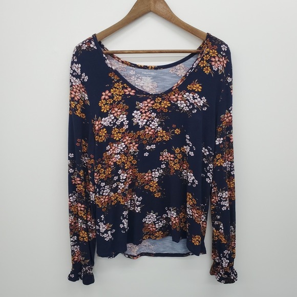 Womens L Navy Floral Long Sleeve Boho Knit Top With Ruffle Cuffs Casual Wear - Picture 3 of 13